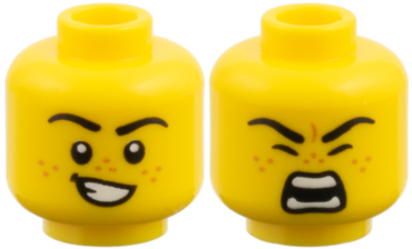 3626pb4064 - Minifigure, Head Dual Sided, Black Eyebrows, Medium Nougat Freckles, Lopsided Grin with Teeth / Roaring Pattern
