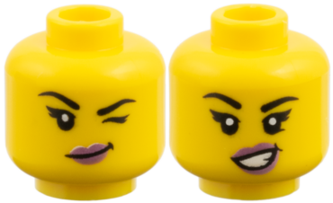3626pb4065 - Minifigure, Head Dual Sided Female, Black Eyebrows, Metallic Pink Lips, Lopsided Grin and Wink Left / Open Smile with Teeth Pattern