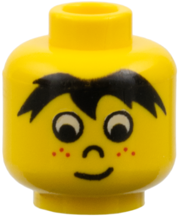3626px19 - Minifigure, Head Black Hair, White Eyes, Nose, Red Freckles, Lopsided Grin Pattern