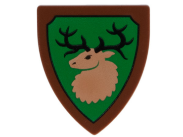 3846pb058 - Minifigure, Shield Triangular with Forestmen Elk / Deer Head on Green Background with Black Outline Pattern