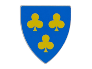 3846pb061 - Minifigure, Shield Triangular with 3 Yellow Trefoils on Blue Background Pattern