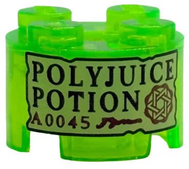 3941pb60 - Brick, Round 2 x 2 with Axle Hole with Tan Label with Black 'POLYJUICE POTION' and Dark Red 'A0045' and Symbol Pattern
