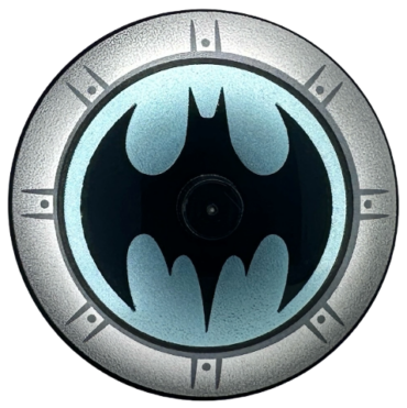 3960pb082 - Dish 4 x 4 Inverted (Radar) with Solid Stud with Batman Logo on Metallic Light Blue Background, Silver Border with Dark Bluish Gray Circle and Dots Pattern