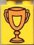 4066pb085 - Duplo, Brick 1 x 2 x 2 with Trophy Cup with Shield, Orange Pattern