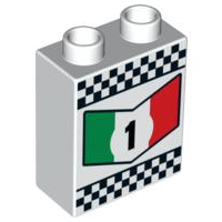 4066pb396 - Duplo, Brick 1 x 2 x 2 with '1' in Green, White and Red Chevron and Checkered Border Pattern