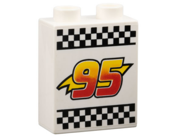 4066pb411 - Duplo, Brick 1 x 2 x 2 with Lightning Bolt, '95' and Checkered Flag Pattern