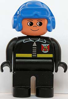 4555pb044 - Duplo Figure, Male Fireman, Black Legs, Black Top with Fire Logo and Zipper, Blue Aviator Helmet