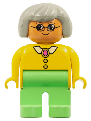 4555pb084 - Duplo Figure, Female, Medium Green Legs, Yellow Blouse with Collar, Gray Hair, Glasses