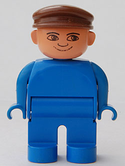 4555pb222 - Duplo Figure, Male, Blue Legs, Blue Top, Brown Cap, no White in Eyes Pattern