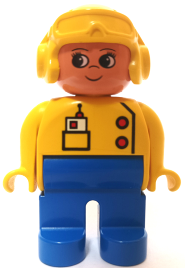 4555pb269 - Duplo Figure, Female, Blue Legs, Yellow Top with Radio in Pocket, Yellow Aviator Helmet, Eyelashes, Turned Up Nose