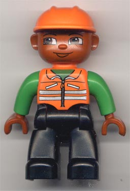 47394pb002 - Duplo Figure Lego Ville, Male, Black Legs, Orange Vest with Green Arms, Orange Construction Helmet