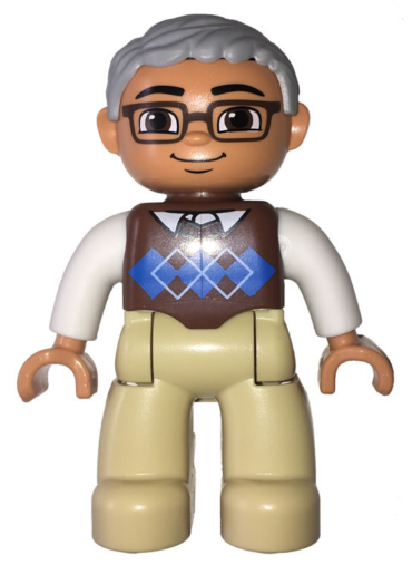 47394pb174 - Duplo Figure Lego Ville, Male, Tan Legs, Reddish Brown Argyle Sweater Vest, White Arms, Light Bluish Gray Hair, Glasses