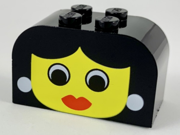 4744px14 - Slope, Curved 4 x 2 x 2 Double with 4 Studs with Yellow Face with Eyes and Red Lips, White Earrings Pattern