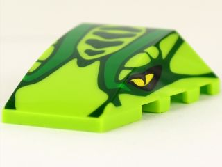 47753pb029 - Wedge 4 x 4 Triple Curved No Studs with Snake Head with Dark Green Scales, Green Stripes, and Yellow Eyes Pattern