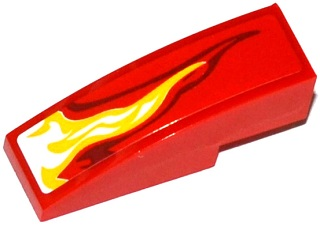 50950pb077L - Slope, Curved 3 x 1 with White, Yellow and Dark Red Flame Pattern Model Left Side (Sticker) - Set 70727