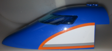 54092c02pb02 - Aircraft Fuselage Forward Top Curved 8 x 16 x 5 with Trans-Light Blue Glass with Orange, Light Bluish Gray, White Pattern on Both Sides (Stickers) - Set 60104