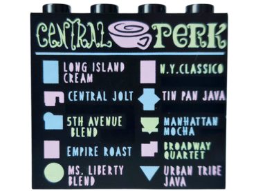 60581pb127 - Panel 1 x 4 x 3 with Side Supports - Hollow Studs with 'CENTRAL PERK' Coffee Menu Pattern