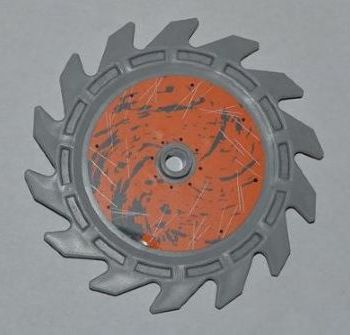 61403pb02R - Technic Circular Saw Blade 9 x 9 with Pin Hole and Teeth in Same Direction with Splatter and Scratches on Orange Background Inside Pattern (Sticker) - Sets 8708 / 8963
