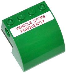 61487pb05 - Slope, Curved 4 x 4 x 2 with 4 Studs and Pin Holes with Red 'VEHICLE STOPS FREQUENTLY' on White Background Pattern (Sticker) - Set 70805