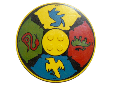 6177px1 - Tile, Round 8 x 8 with 4 Studs in Center with HP Gryffindor, Ravenclaw, Hufflepuff, and Slytherin Logos Pattern