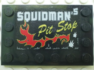 6180pb016 - Tile, Modified 4 x 6 with Studs on Edges with 'SQUIDMAN's Pit Stop' Pattern (Sticker) - Set 5980