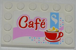 6180pb060 - Tile, Modified 4 x 6 with Studs on Edges with 'Café' (Cafe) and Red Cup and Saucer Pattern (Sticker) - Set 3061