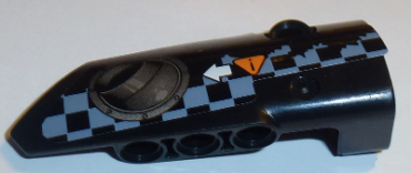 64391pb033 - Technic, Panel Fairing # 4 Small Smooth Long, Side B with Exhaust Port, White Arrow, Orange Caution Sign, Gray Checkered Pattern (Sticker) - Set 42002