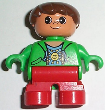 6453pb008 - Duplo Figure, Child Type 2 Boy, Red Legs, Green Top with Sun Pattern Shirt, Brown Hair