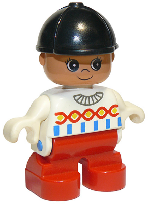 6453pb014 - Duplo Figure, Child Type 2 Girl, Red Legs, White Top with Red, Yellow and Blue Designs, Black Riding Hat