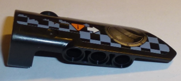 64683pb033 - Technic, Panel Fairing # 3 Small Smooth Long, Side A with Exhaust Port, White Arrow, Orange Caution Sign, Gray Checkered Pattern (Sticker) - Set 42002