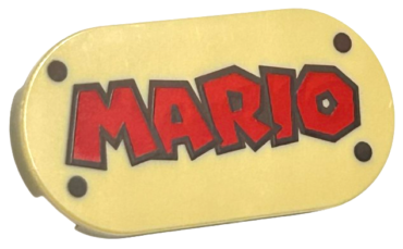 66857pb002 - Tile, Round 2 x 4 Oval with Red 'MARIO' and Dark Brown Rivets Pattern