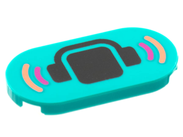 66857pb006 - Tile, Round 2 x 4 Oval with Black Head and Headphones, Magenta and Coral Soundwaves Pattern