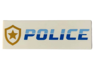 69729pb071 - Tile 2 x 6 with Bright Light Blue and Blue 'POLICE' and Gold Star Badge Logo Pattern