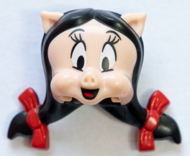 75692pb01 - Minifigure, Head, Modified Looney Tunes Petunia Pig with Black Hair, Red Bows and Tongue Pattern