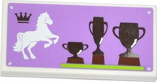87079pb0148 - Tile 2 x 4 with Crown, Rearing Horse and 3 Trophies on Medium Lavender Backgound Pattern (Sticker) - Set 3185