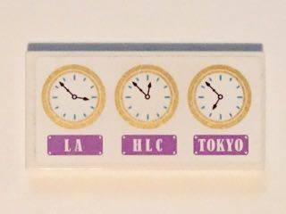 87079pb0306 - Tile 2 x 4 with 3 Gold Clocks and 'LA', HLC' and 'TOKYO' Pattern (Sticker) - Set 41101