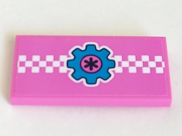 87079pb0874 - Tile 2 x 4 with White Checkered Stripe and Dark Azure Gear on Dark Pink Background Pattern (Sticker) - Set 41348
