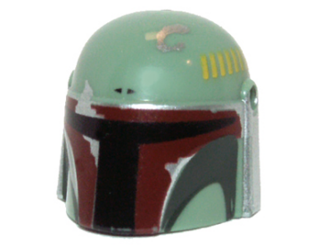 87610pb01 - Minifigure, Headgear Helmet with Holes, SW Mandalorian with Dark Green Cheek Indents and Silver Battle Damage - Type 1, Partial Dark Red Visor Outline Right Pattern