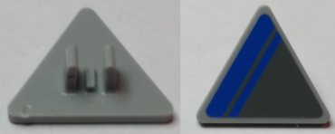 892pb031L - Road Sign 2 x 2 Triangle with Clip with Blue Stripe on Dark Bluish Gray Background Pattern Model Left Side (Sticker) - Set 75012