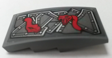 93606pb129L - Slope, Curved 4 x 2 with Metal Plates and Red Snakes Pattern Model Left Side (Sticker) - Set 70622
