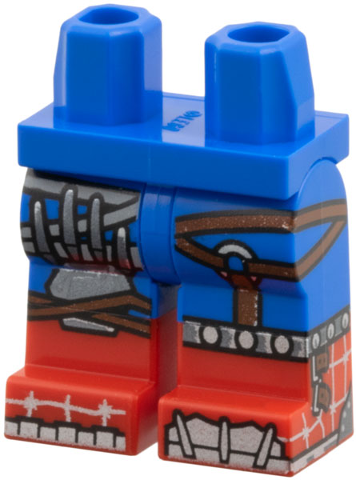970c00pb1823 - Hips and Legs with Molded Red Lower Legs / Boots and Printed Asymmetric Silver Armor, Light Bluish Gray Webbing and Reddish Brown Straps Pattern