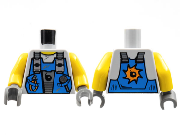 973pb0550c01 - Torso Power Miners Blue Vest with Tools and Bomb over Sweaty Shirt Pattern / Yellow Arms / Dark Bluish Gray Hands