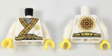 973pb2907c01 - Torso Ninjago Tunic with Gold Trim Over Light Gray Shirt and Gold Flower Symbol on Back Pattern / White Arms / Yellow Hands