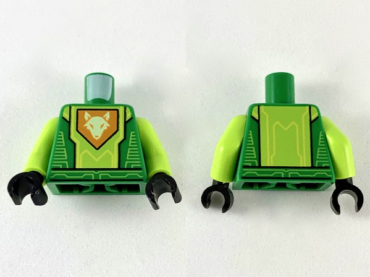 973pb3001c01 - Torso Nexo Knights Armor with Lime Circuitry and Panel with Bright Light Yellow Fox Head on Orange Pentagonal Shield Pattern / Lime Arms / Black Hands
