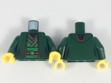 973pb3024c01 - Torso Ninjago Female Robe over Bright Green Tunic with Sash and Black and Gold Trim Pattern / Dark Green Arms / Yellow Hands