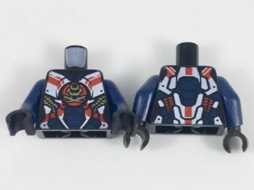 973pb3045c01 - Torso Female Armor, White and Dark Blue Panels, Gold Samurai X Logo, Gold and Red Trim Pattern / Dark Blue Arms / Black Hands