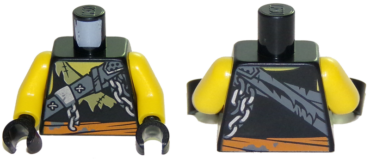 973pb3265c01 - Torso Ninjago Broken Chain, Olive Green Stitched Tattered Shirt Fragment, Orange Sash Pattern / Yellow Arms / Black Hands