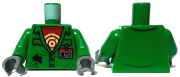 973pb3622c01 - Torso Coveralls with Pockets, Red Undershirt with Circles, Silver 'DIAZ' ID Badge, Black Splotch Pattern / Green Arms / Dark Bluish Gray Hands