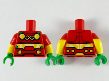 973pb3733c01 - Torso 4 Yellow Circles and Belt Pattern / Yellow Arms with Molded Red Short Sleeves Pattern / Bright Green Hands