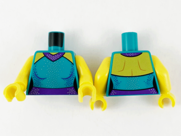 973pb4142c01 - Torso Female Outline Dress, Yellow Shoulders, Dark Purple Collar and Belt, Silver and Dark Purple Dots Pattern / Yellow Arms / Yellow Hands